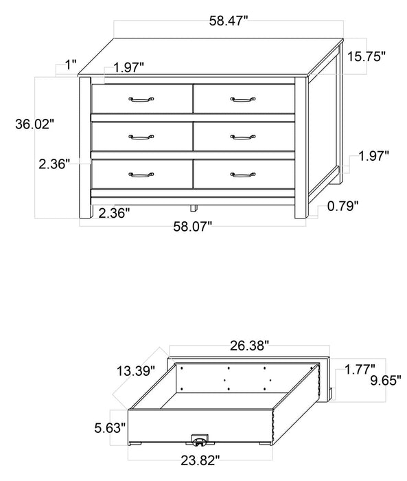 Zoey Bedroom 6-Drawer Dresser, 58.3\"W x 37.1\"H - Two-tone White & Brown 