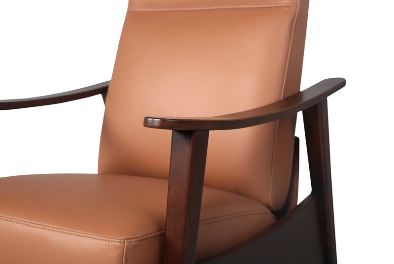 Aydin 27.5\" Camel Orange Genuine Leather Pushback Reclining Accent Chair with Wood Armrests and Legs