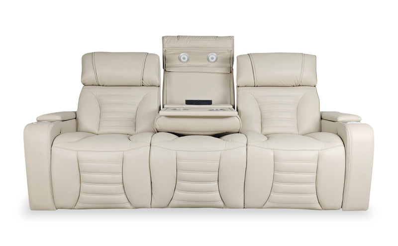 Zen 86\" Apricot Faux Leather Power Reclining Massage Sofa with Power Headrests and Drop-Down Console