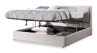 Nico Upholstered Storage Platform Bed in Vegan Leather Taupe Fabric, Hyrdraulic Lift  - King Size 