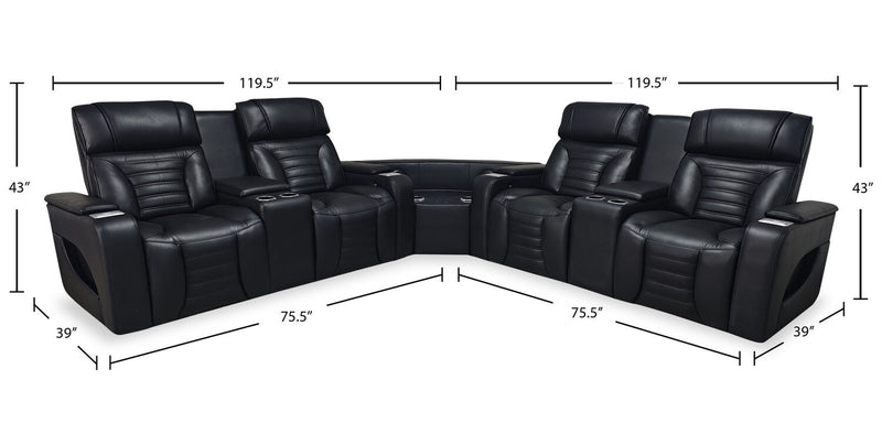  Zen 3-Piece Black Faux Leather Power Reclining Massage Sectional with Two Refrigerator Consoles
