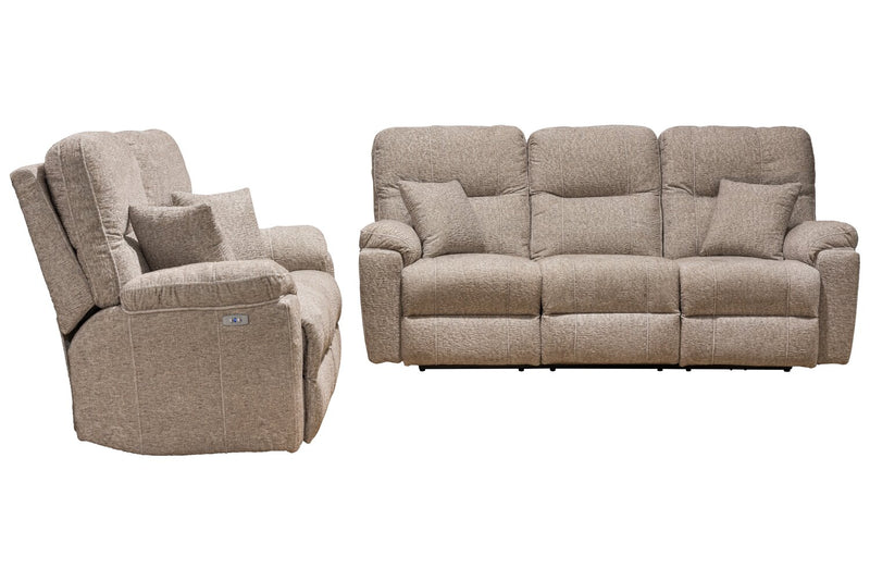 Canadian Made Dawson 64\" Fabric Power Reclining Loveseat with USB Port and Two Accent Pillows - Beige