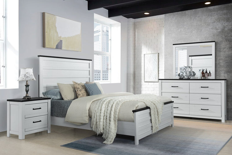 Zoey 6pc Bedroom Set with Bed, Dresser, Mirror & Nightstand, Two-tone White & Brown - Queen Size 