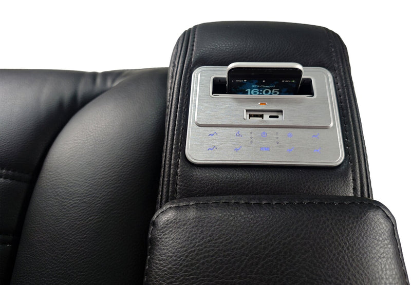 Zen 86\" Black Faux Leather Power Reclining Massage Sofa with Power Headrests and Drop-Down Console