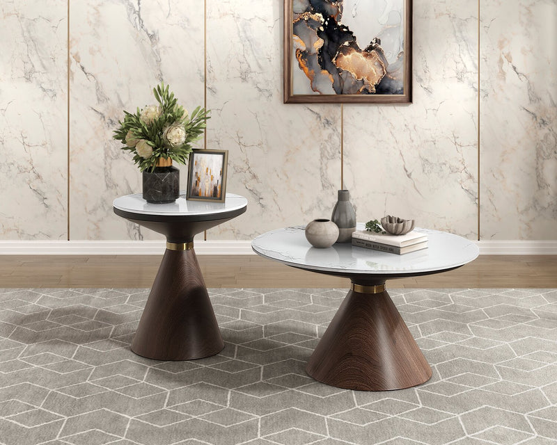 Alwin 31.5” Modern Round Coffee Table with White Sintered Stone Top - Brown