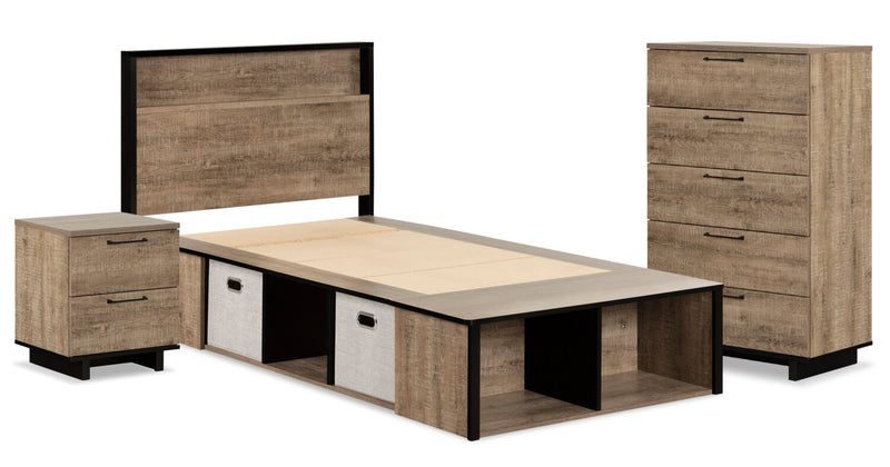 Everley Platform Bed 5pc Set with Panel Headboard, Chest & Nightstand, Two-Tone - Twin Size 