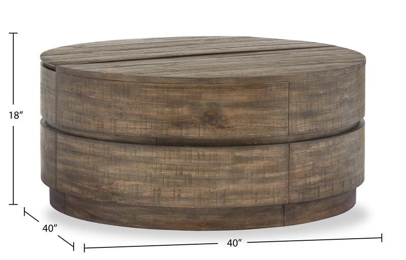 Elm 40” Round Rustic Pine Lift Top Coffee Table with Casters - Brown