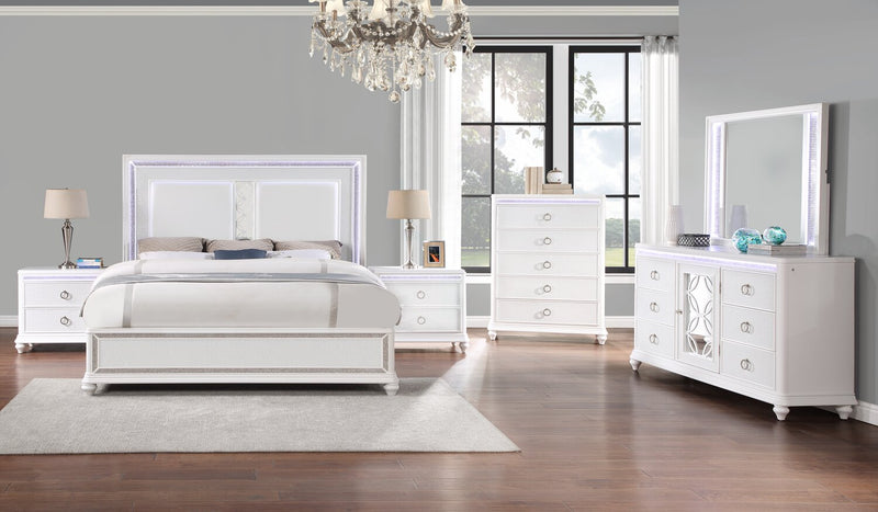 Ava 6pc Bedroom Set with Bed, Dresser, Mirror & Nightstand, LED, Glam, White - King Size 