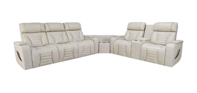 Zen 3-Piece Apricot Faux Leather Power Reclining Massage Sectional with Refrigerator and Drop-Down Console
