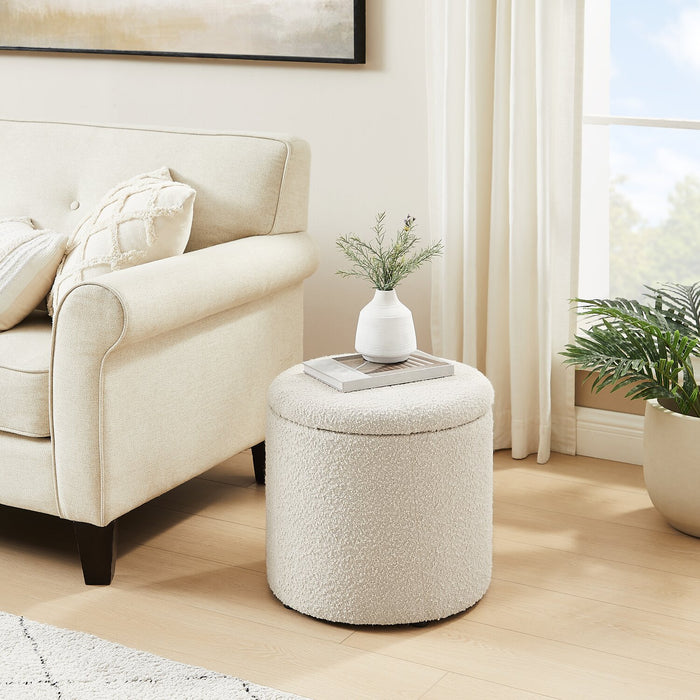 Ontario Round Fabric Storage Ottoman - White
