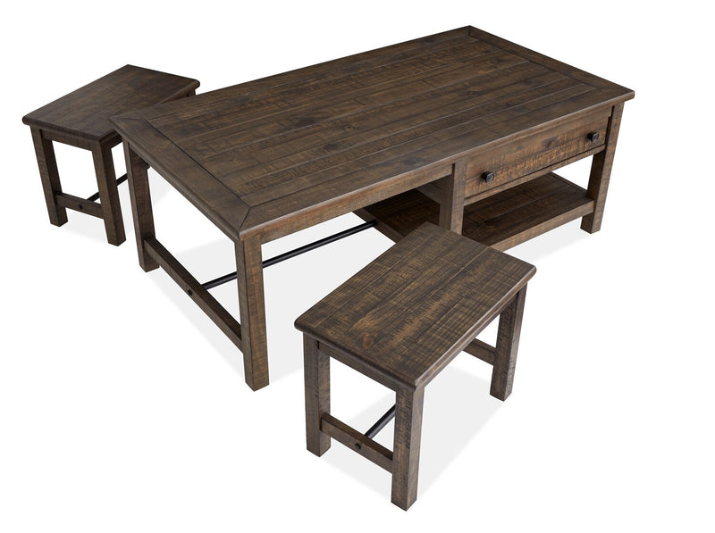 Edwin 52” Country Pine Coffee Table with Storage and Stools - Homestead Brown