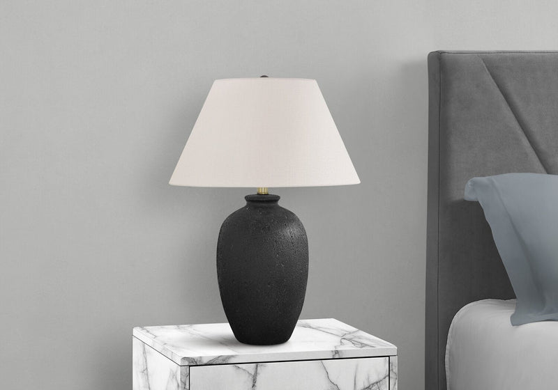 24\" Black Textured Ceramic Table Lamp with Ivory Shade