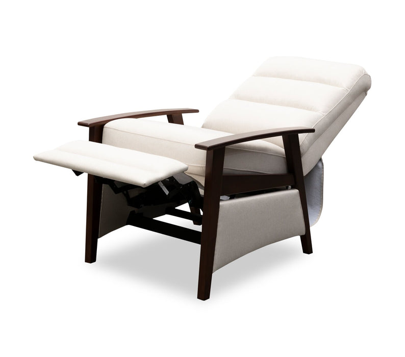 Bree 28.5\" Beige Linen-Look Fabric Pushback Reclining Accent Chair with Wood Armrests and Legs