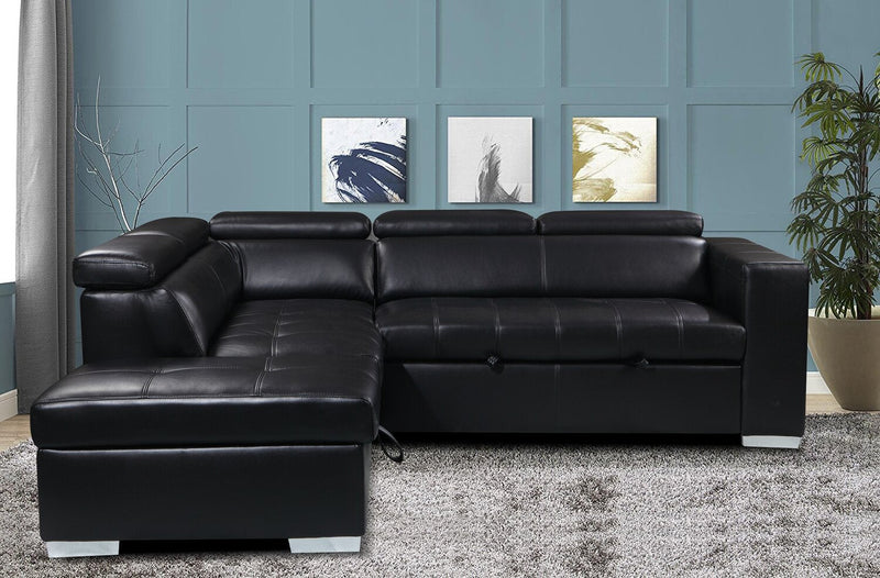 Drake 3-Piece Left-Facing Leather-Look Fabric Sleeper Sectional with Storage Ottoman - Black 