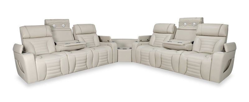Zen 3-Piece Apricot Faux Leather Power Reclining Massage Sectional with Two Drop-Down Consoles
