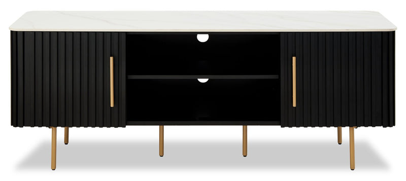 Capri 60” Modern TV Stand with White Sintered Stone Top, Storage and Cable Management for TVs