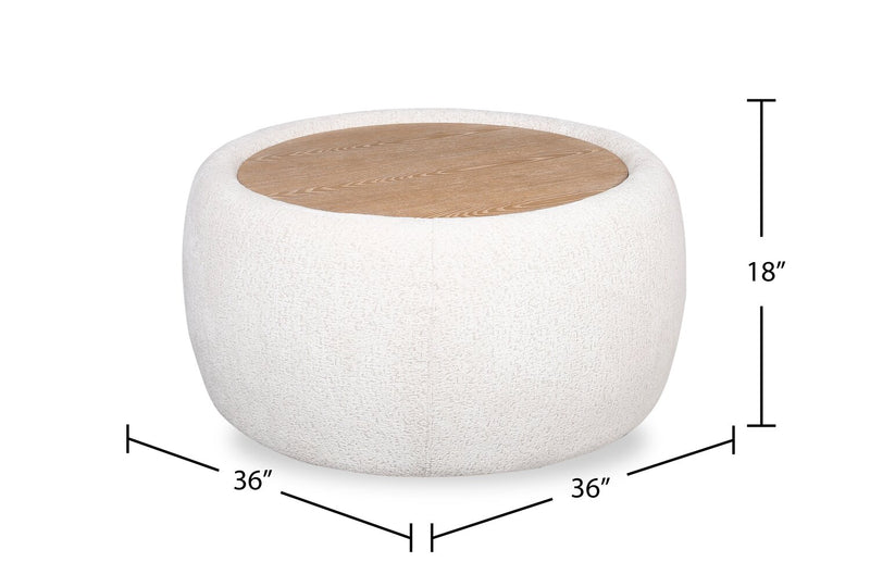 Rio 36\" Alabaster White Chenille Fabric Cocktail Ottoman with Wood Top and Legs