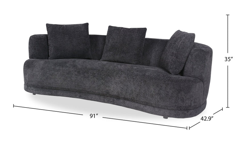 Primo Moon 91\" Wooly Raven Black Fabric Curved Sofa with Accent Pillows