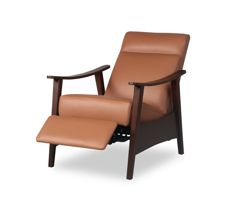 Aydin 27.5\" Camel Orange Genuine Leather Pushback Reclining Accent Chair with Wood Armrests and Legs