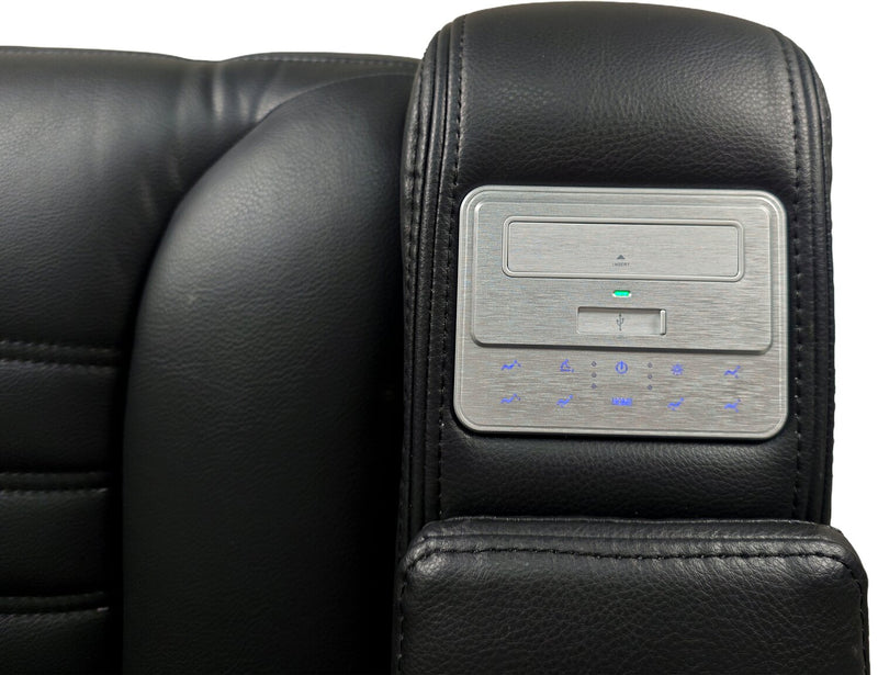 Zen 86\" Black Faux Leather Power Reclining Massage Sofa with Power Headrests and Drop-Down Console