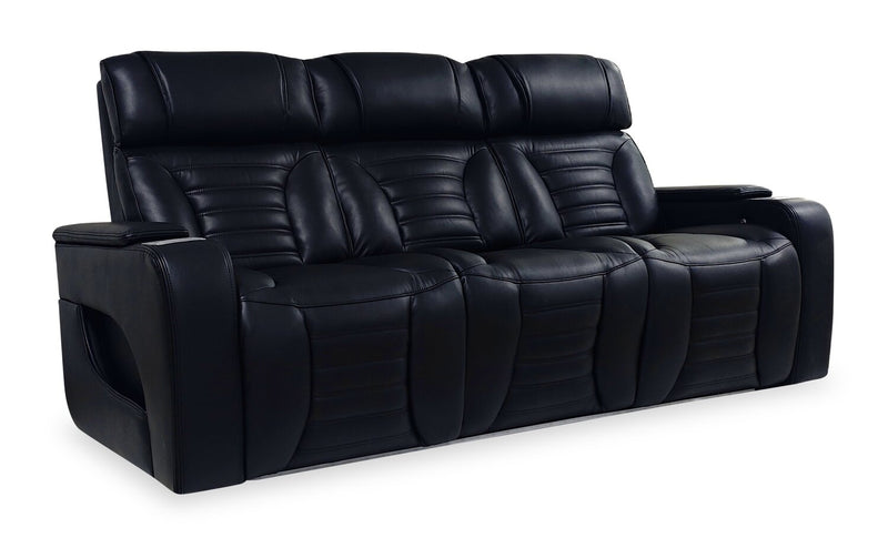 Zen 86\" Black Faux Leather Power Reclining Massage Sofa with Power Headrests and Drop-Down Console