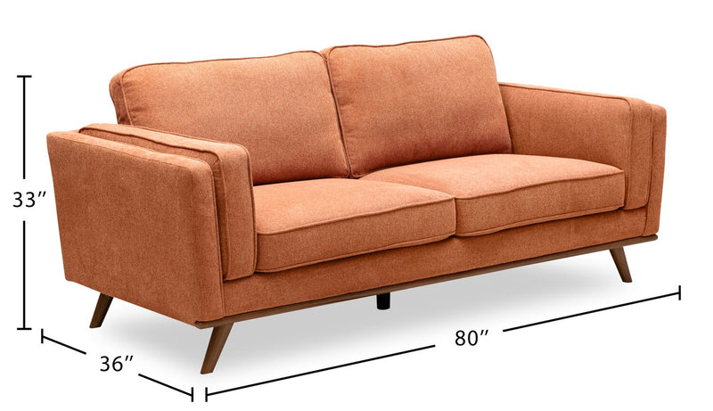 Kort & Co. Kassia 80\" Orange Linen-Look Fabric Condo-Size Sofa with Wood Base and Legs