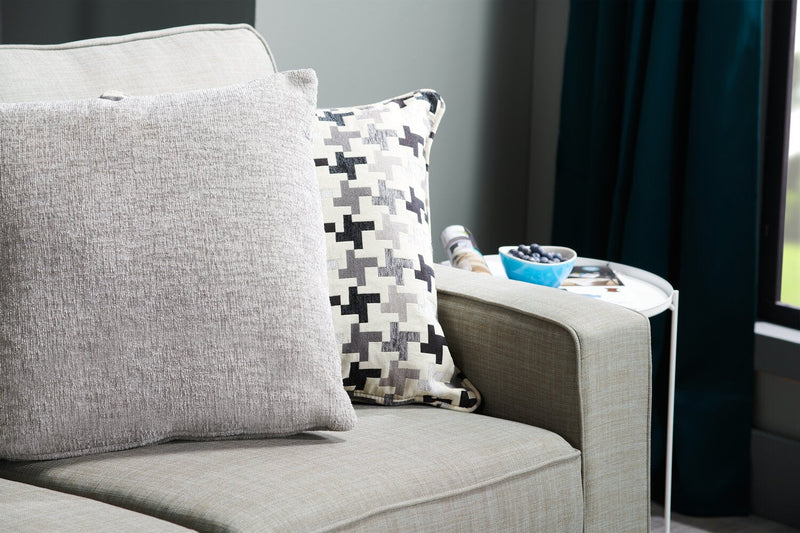 Made in Canada Sawyer 57\" Linen-Look Fabric Loveseat with Reversible Cushions and Accent Pillows - Light Grey 