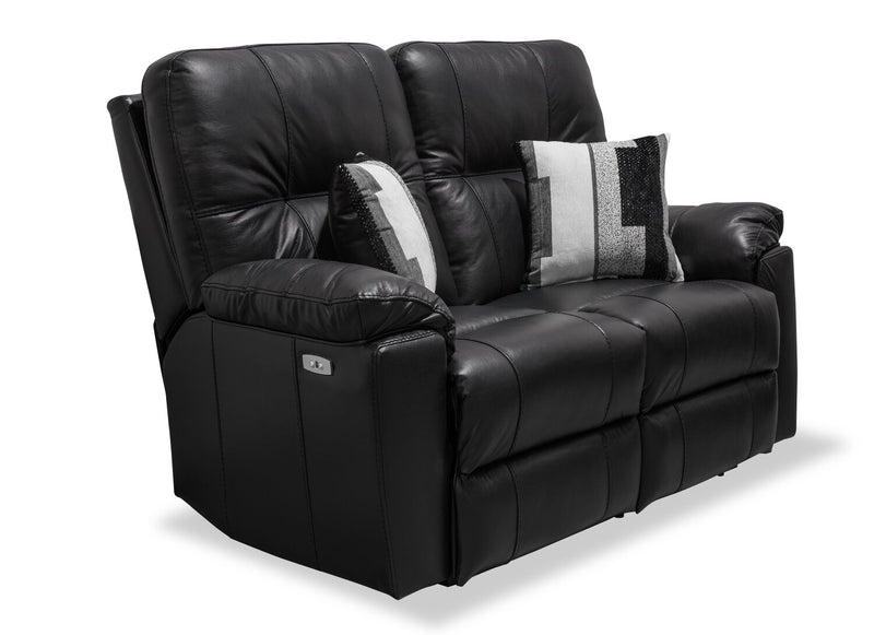 Canadian Made Dawson 64\" Genuine Leather Power Reclining Loveseat with USB Port and Accent Pillows – Black