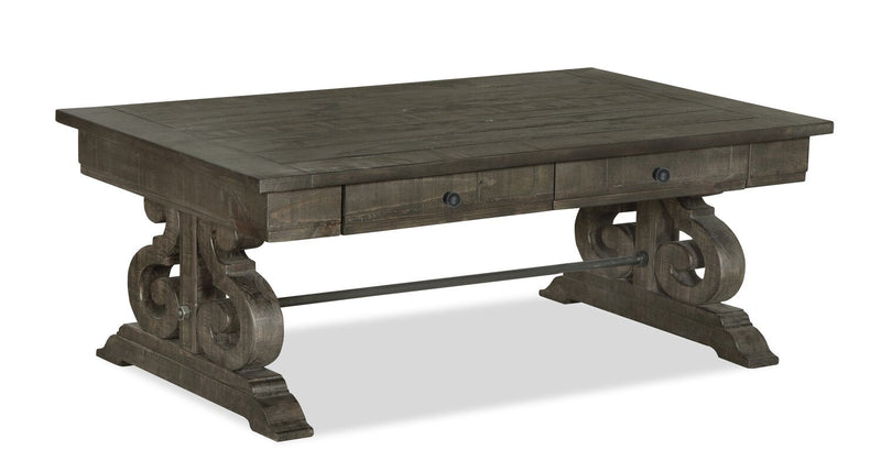 Bellamy 50\" Traditional Coffee Table with Storage - Dark Brown Pine with Scroll Design Wood Base