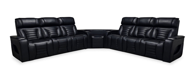 Zen 3-Piece Black Faux Leather Power Reclining Massage Sectional with Two Drop-Down Consoles