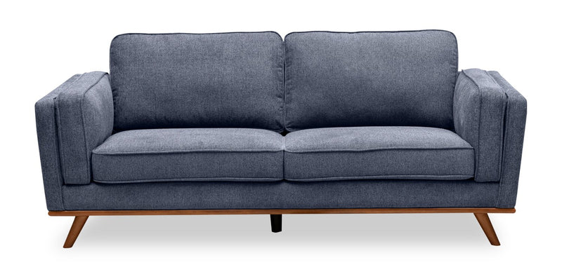 Kort & Co. Kassia 80\" Blue Linen-Look Fabric Condo-Size Sofa with Wood Base and Legs