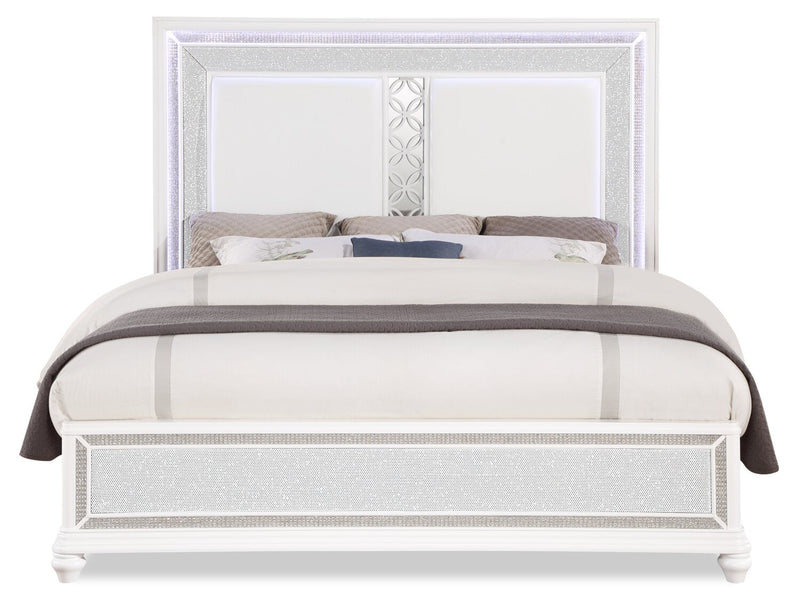 Ava Panel Bed with Headboard & Frame, LED, Glam, White - King Size 