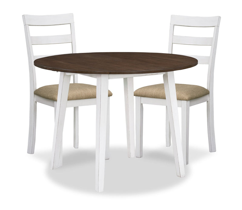 Bryn 3pc Dining Package with 42\" Drop-Leaf Table & 2 Chairs, Fabric -Two-Tone White & Brown