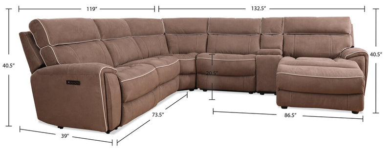 Cindy Crawford Home Newport 6-Piece Right-Facing Faux Suede Power Reclining Sectional with USB Port - Taupe 
