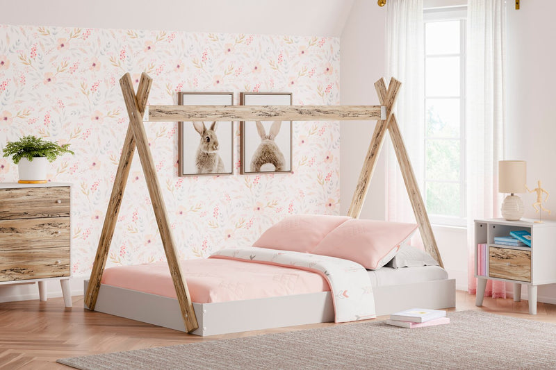 Wolf Platform Tent Bed for Kids, Two-tone White & Natural - Full Size 