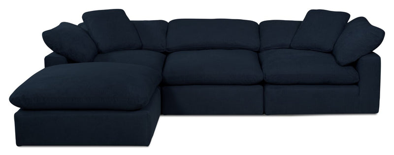 Eclipse Modular 4-Piece Linen-Look Fabric Sectional with Ottoman and Reversible Feather Down Cushions - Navy Blue 