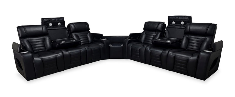 Zen 3-Piece Black Faux Leather Power Reclining Massage Sectional with Two Drop-Down Consoles