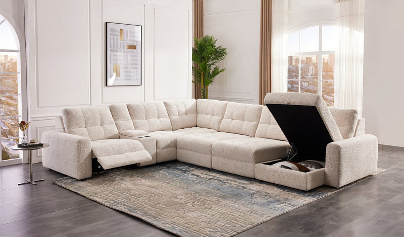 Scott Living Elevate Modular 7-Piece Right-Facing Beige Chenille Fabric Sectional with Power Reclining