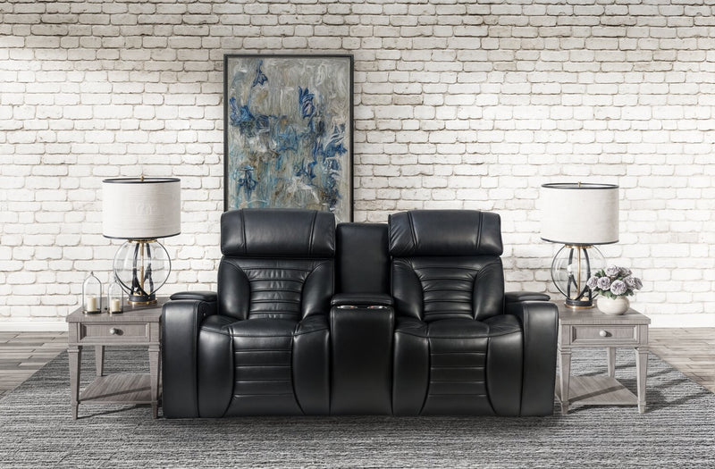 Zen 75.5\" Black Faux Leather Power Reclining Massage Loveseat with Power Headrests and Refrigerator Console