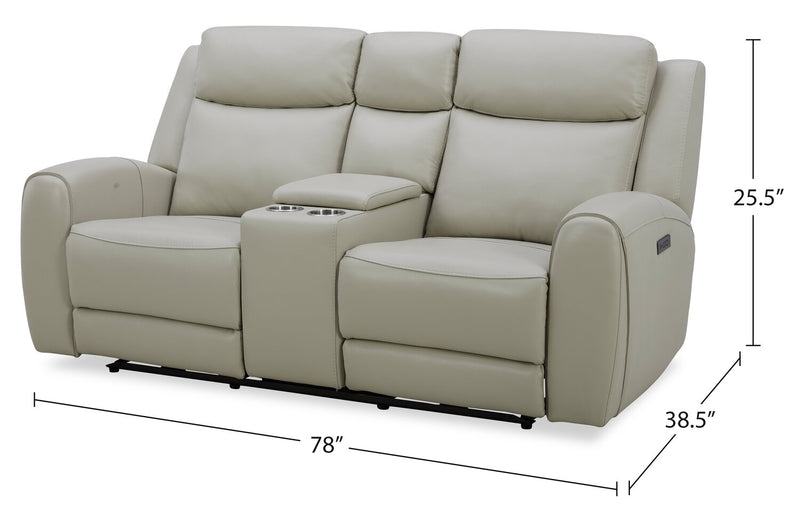 Reign 78\" Deltona Moonshine Taupe Top-Grain Genuine Leather Power Reclining Loveseat with Console 