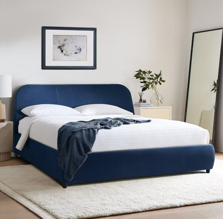 Mave Upholstered Platform Bed in Blue Velvet - King Size