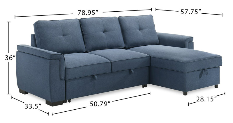 Eden 2-Piece Blue Linen-Look Fabric Sleeper Sectional with Storage Chaise and Removable Back Cushions