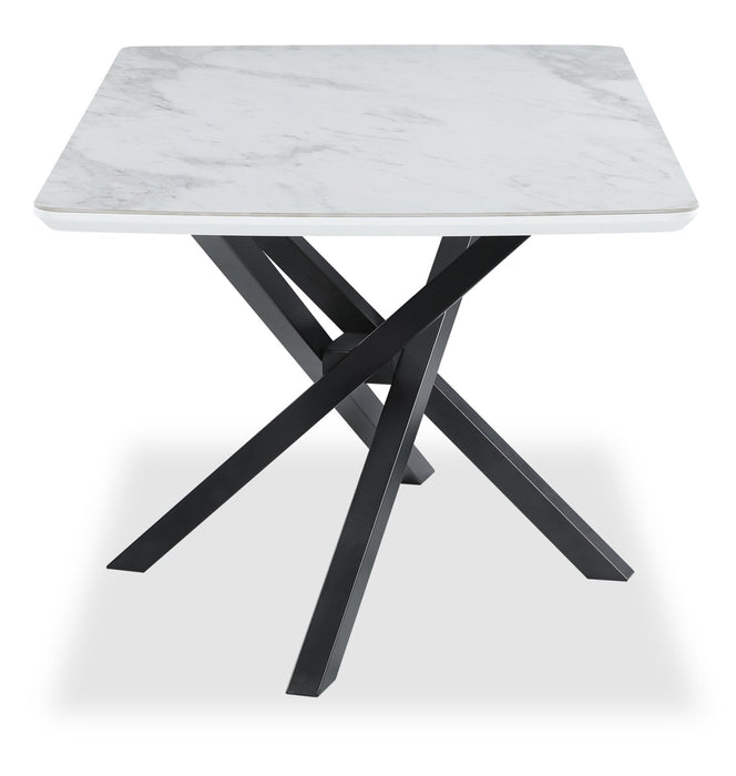 Bari Dining Table with Marble-Look Ceramic Top, Metal, Geometric Base, 63\"W - White 
