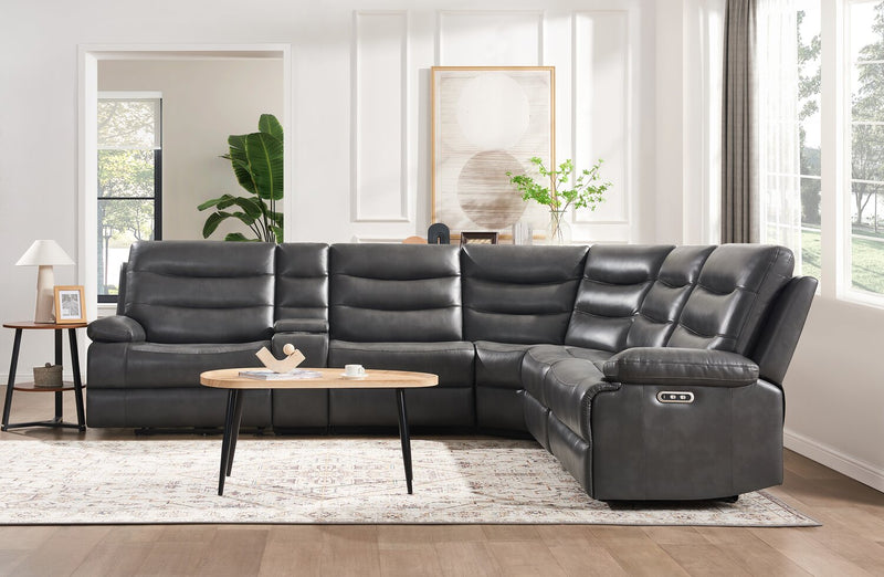 Zayne 6-Piece Leather-Look Fabric Power Reclining Sectional with Storage Console and USB Charging Ports – Grey