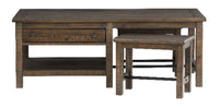 Edwin 52” Country Pine Coffee Table with Storage and Stools - Homestead Brown
