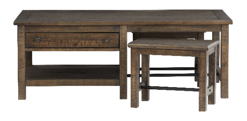 Edwin 52” Country Pine Coffee Table with Storage and Stools - Homestead Brown