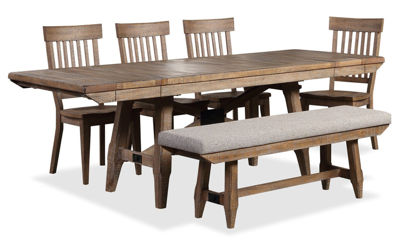 Cedar 6pc Dining Set with Table, Bench & 4 Chairs, Pine Wood, Trestle-Base, 72.07\"W - Brown 