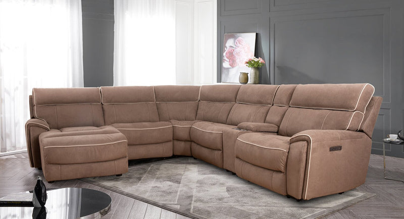 Cindy Crawford Home Newport 6-Piece Left-Facing Faux Suede Power Reclining Sectional with USB Port - Taupe 