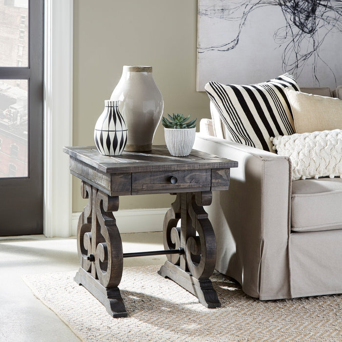 Bellamy 22\" Traditional End Table with Storage - Dark Brown Pine with Scroll Design Wood Base