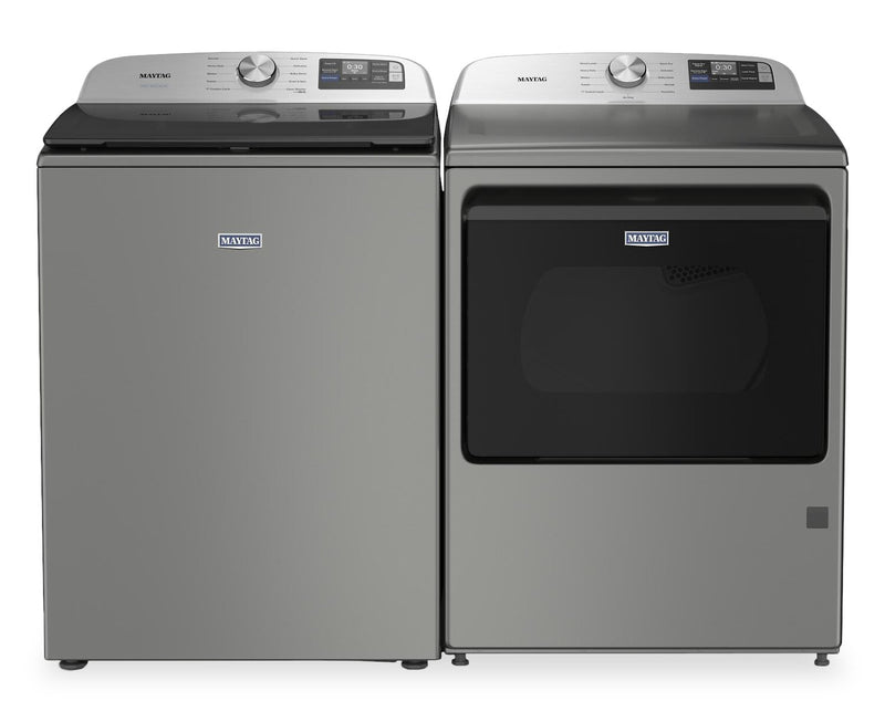 Maytag 6.0 Cu. Ft. Smart Top-Load Washer and 7.4 Cu. Ft. Front Load Electric Dryer - Radiant Silver